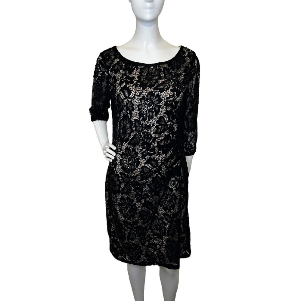 Women’s Scarlett Black Sporadic Sequin 3/4 Sleeve Sheath Dress Sz 8 Stretch